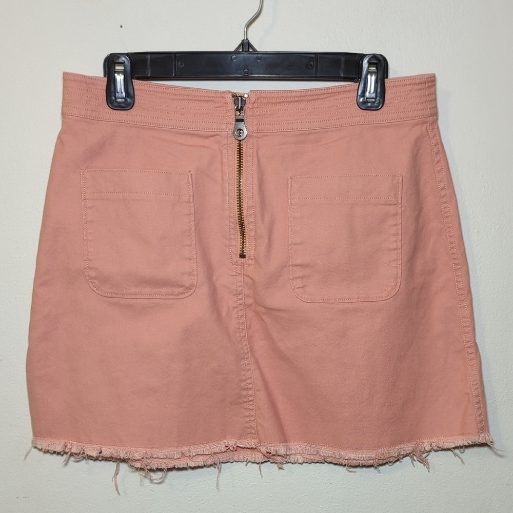 Madewell Salmon Pink Denim Mini Skirt w/ Frayed Hem Exposed Front Zipper Size 8